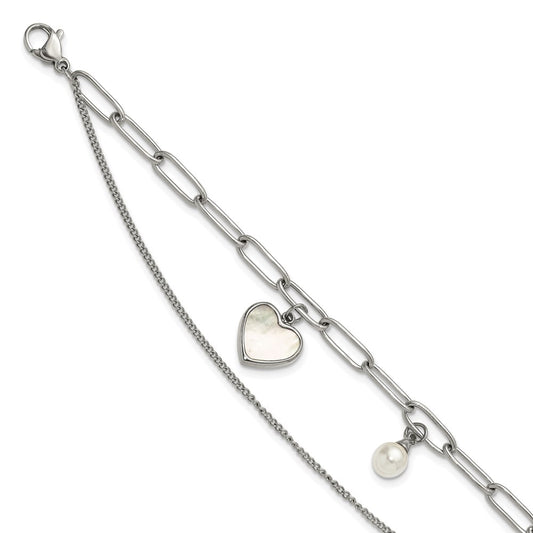 Chisel Stainless Steel Polished Mother of Pearl Heart and Simulated Pearl 6.5 inch Plus a 2 inch Extension Bracelet