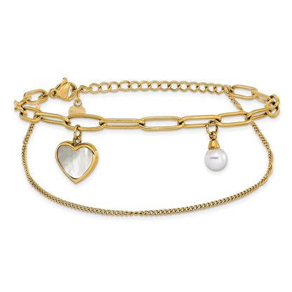 Chisel Stainless Steel Polished Yellow IP-plated Mother of Pearl Heart and Simulated Pearl 6.5 inch Plus a 2 inch Extension Bracelet