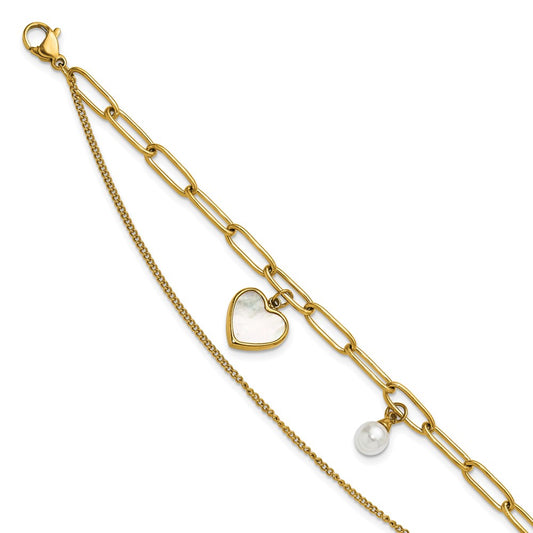 Chisel Stainless Steel Polished Yellow IP-plated Mother of Pearl Heart and Simulated Pearl 6.5 inch Plus a 2 inch Extension Bracelet