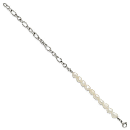 Chisel Stainless Steel Polished with Half White Freshwater Cultured Pearl 8.25 inch Bracelet