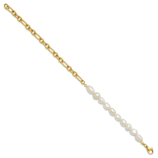 Chisel Stainless Steel Polished Yellow IP-plated with Half White Freshwater Cultured Pearl 8.25 inch Bracelet