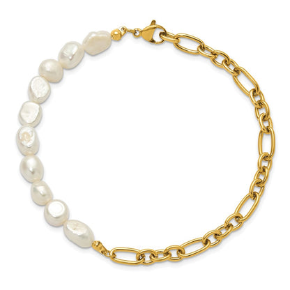 Chisel Stainless Steel Polished Yellow IP-plated with Half White Freshwater Cultured Pearl 8.25 inch Bracelet