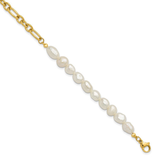 Chisel Stainless Steel Polished Yellow IP-plated with Half White Freshwater Cultured Pearl 8.25 inch Bracelet