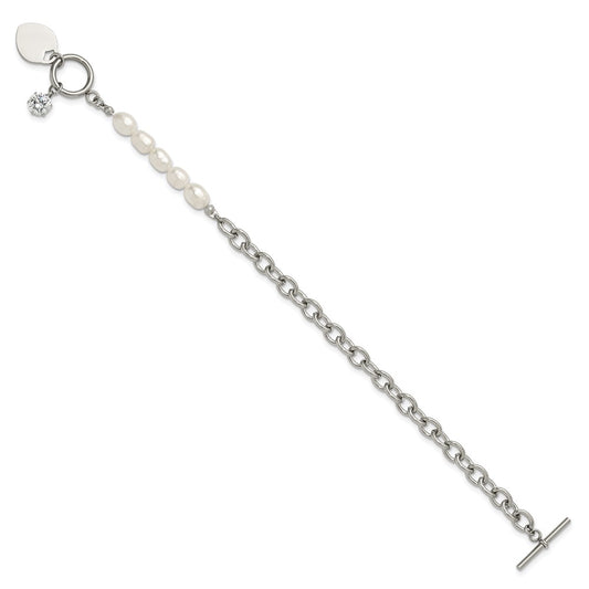Chisel Stainless Steel Polished with Half White Freshwater Cultured Pearl and CZ Heart Dangle 8.25 inch Bracelet