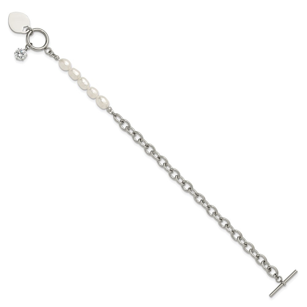 Chisel Stainless Steel Polished with Half White Freshwater Cultured Pearl and CZ Heart Dangle 8.25 inch Bracelet