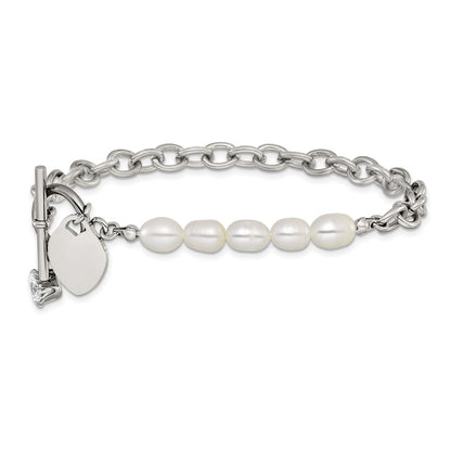 Chisel Stainless Steel Polished with Half White Freshwater Cultured Pearl and CZ Heart Dangle 8.25 inch Bracelet
