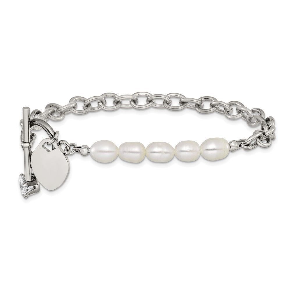 Chisel Stainless Steel Polished with Half White Freshwater Cultured Pearl and CZ Heart Dangle 8.25 inch Bracelet