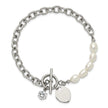 Chisel Stainless Steel Polished with Half White Freshwater Cultured Pearl and CZ Heart Dangle 8.25 inch Bracelet