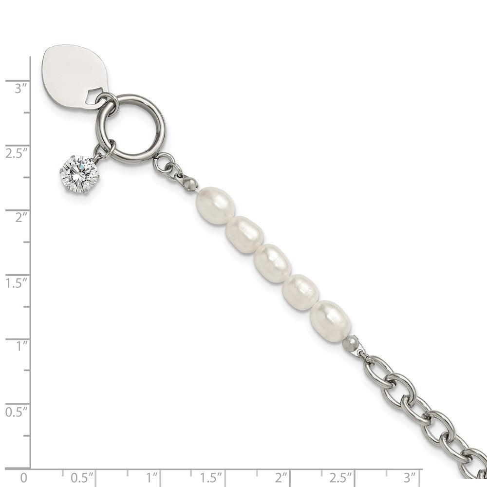 Chisel Stainless Steel Polished with Half White Freshwater Cultured Pearl and CZ Heart Dangle 8.25 inch Bracelet