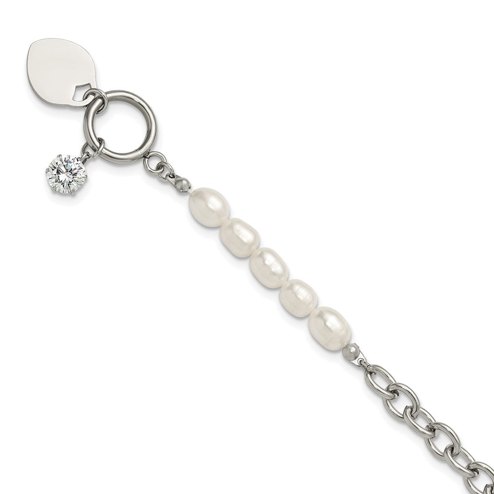 Chisel Stainless Steel Polished with Half White Freshwater Cultured Pearl and CZ Heart Dangle 8.25 inch Bracelet