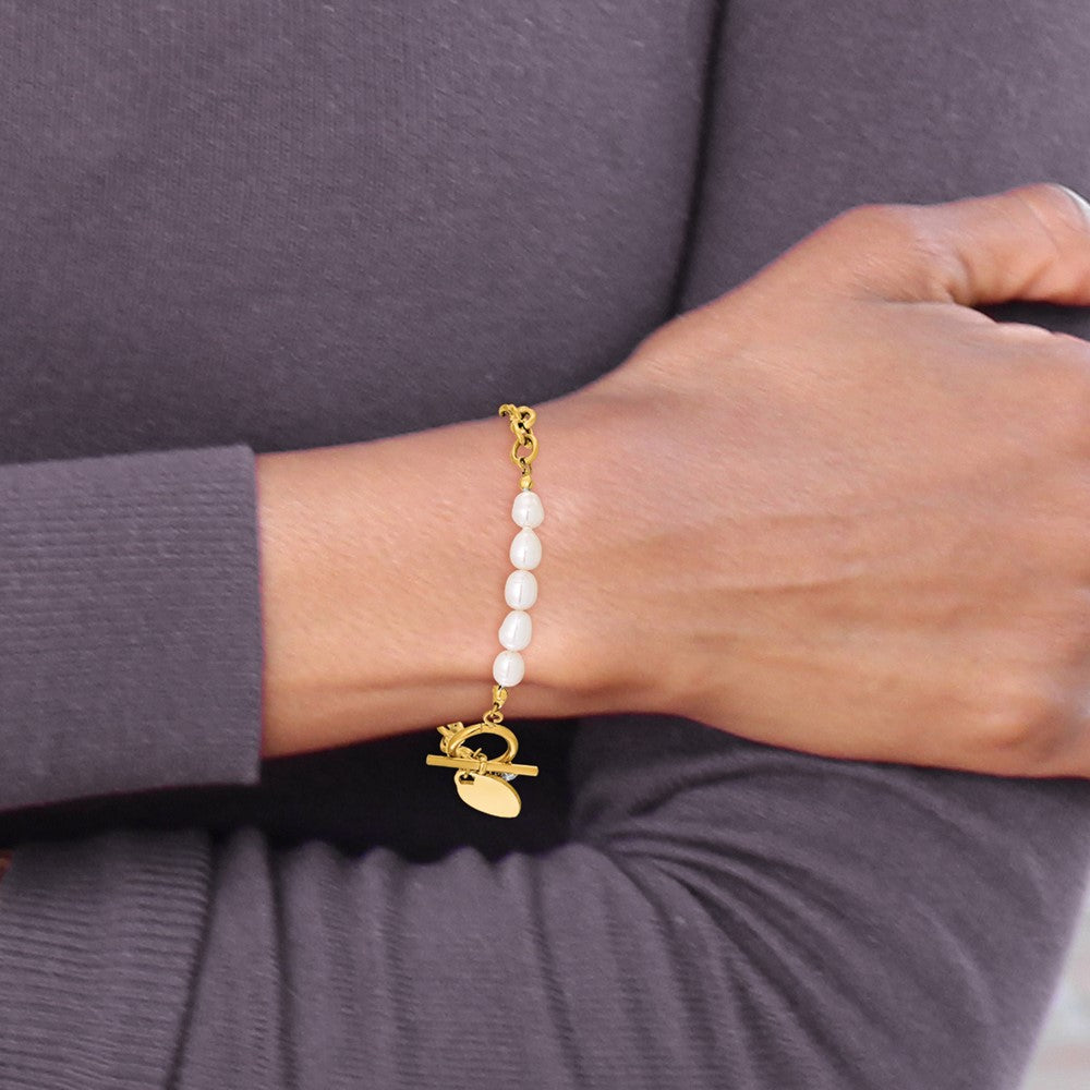 Chisel Stainless Steel Polished Yellow IP-plated with Half White Freshwater Cultured Pearl and CZ Heart Dangle 8.25 inch Bracelet