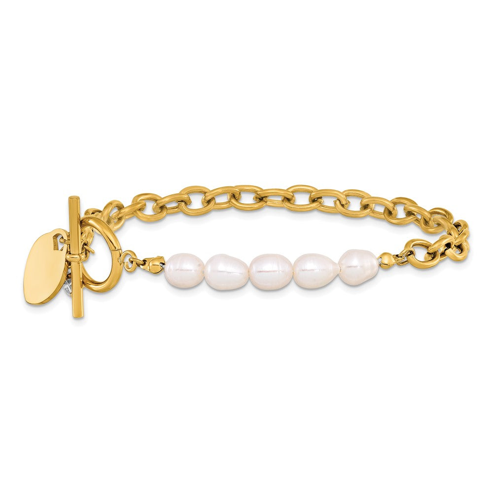 Chisel Stainless Steel Polished Yellow IP-plated with Half White Freshwater Cultured Pearl and CZ Heart Dangle 8.25 inch Bracelet