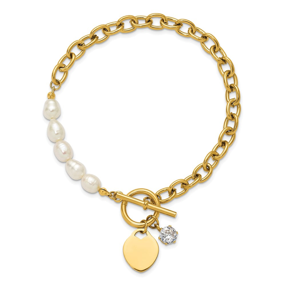 Chisel Stainless Steel Polished Yellow IP-plated with Half White Freshwater Cultured Pearl and CZ Heart Dangle 8.25 inch Bracelet