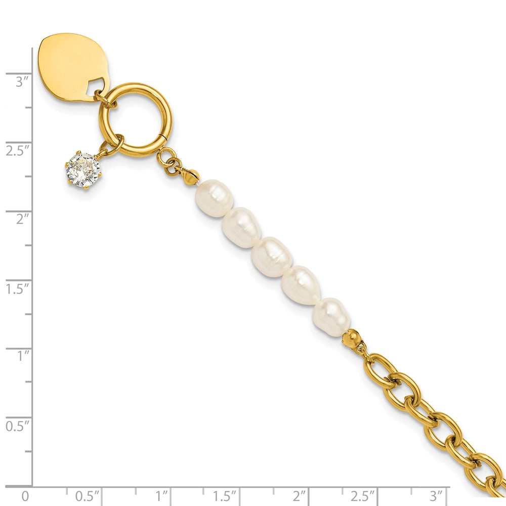 Chisel Stainless Steel Polished Yellow IP-plated with Half White Freshwater Cultured Pearl and CZ Heart Dangle 8.25 inch Bracelet