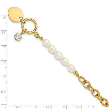 Chisel Stainless Steel Polished Yellow IP-plated with Half White Freshwater Cultured Pearl and CZ Heart Dangle 8.25 inch Bracelet