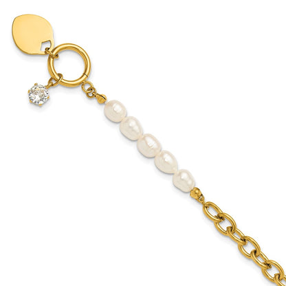 Chisel Stainless Steel Polished Yellow IP-plated with Half White Freshwater Cultured Pearl and CZ Heart Dangle 8.25 inch Bracelet