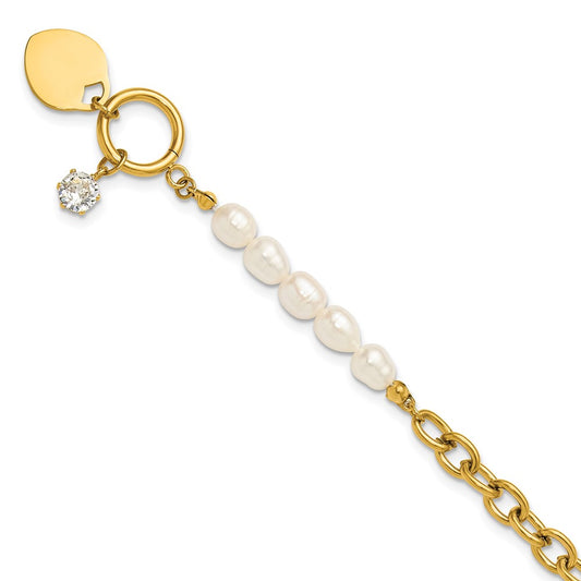 Chisel Stainless Steel Polished Yellow IP-plated with Half White Freshwater Cultured Pearl and CZ Heart Dangle 8.25 inch Bracelet
