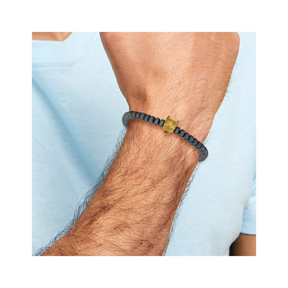 Chisel Stainless Steel Antiqued and Polished Yellow IP-plated Wolf Head Matte 6.5mm Hematite Beaded 7.25 inch Stretch Bracelet