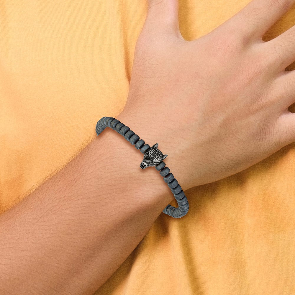 Chisel Stainless Steel Antiqued Wolf Head Matte 6.5mm Hematite Beaded 7.25 inch Stretch Bracelet