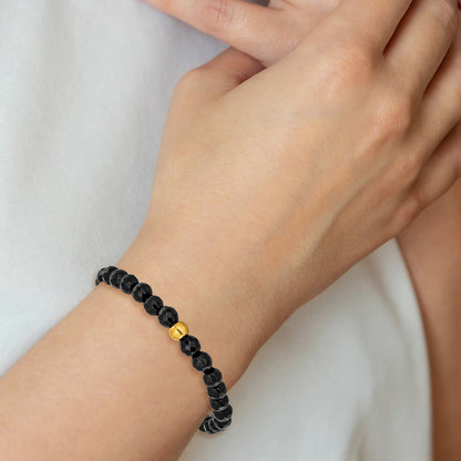 Chisel Stainless Steel Polished Yellow IP-plated 6mm Black Agate Beaded 6.25 inch Stretch Bracelet