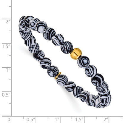 Chisel Stainless Steel Polished Yellow IP-plated 6mm Black Line Agate Beaded 6.25 inch Stretch Bracelet