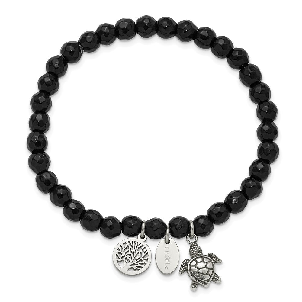 Chisel Stainless Steel Antiqued and Polished Turtle and Tree of Life Dangles 6mm Black Agate Beaded 6.25 inch Stretch Bracelet