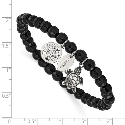 Chisel Stainless Steel Antiqued and Polished Turtle and Tree of Life Dangles 6mm Black Agate Beaded 6.25 inch Stretch Bracelet