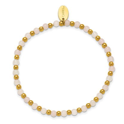 Chisel Stainless Steel Polished Yellow IP-plated 3mm Pink Quartz Beaded 6.25 inch Stretch Bracelet