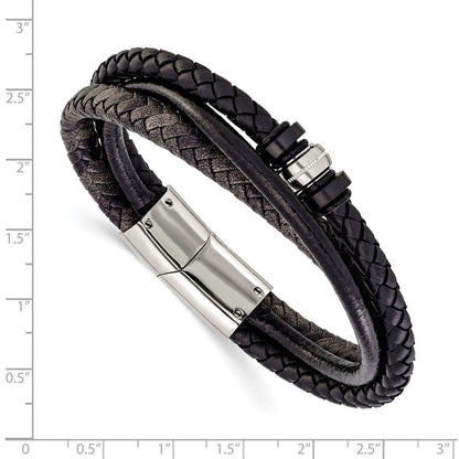 Chisel Stainless Steel Polished Black Braided Leather Multi Strand 8.5 inch Bracelet