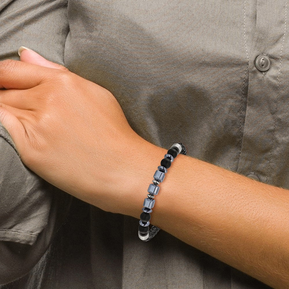 Chisel Stainless Steel Brushed Onyx and Hematite Beaded Black Leather 8 inch Plus .5 inch Extension Bracelet