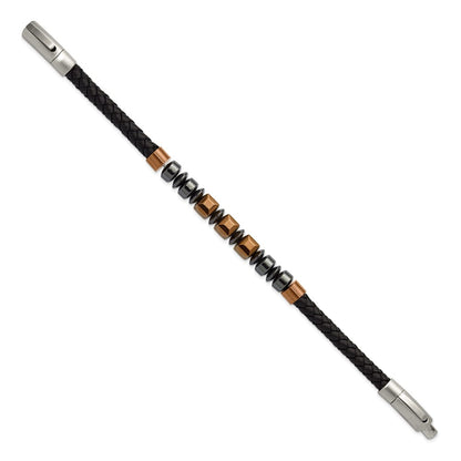 Chisel Stainless Steel Polished Hematite Brown-plated Beaded Black Leather 8 inch Plus .5 inch Extension Bracelet