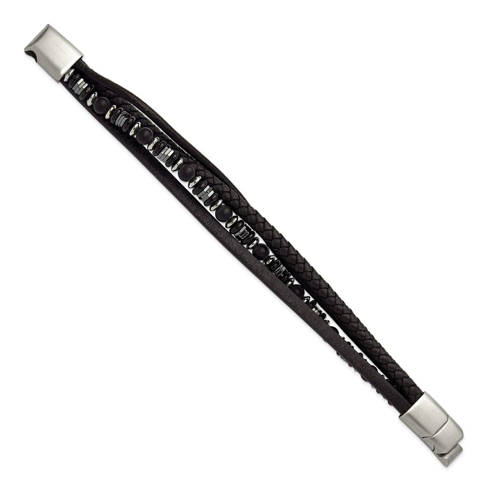 Chisel Stainless Steel Brushed and Polished Onyx and Hematite Beaded Black Leather Multi Strand 8 inch Plus .5 inch Extension Bracelet