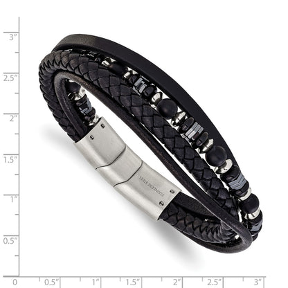Chisel Stainless Steel Brushed and Polished Onyx and Hematite Beaded Black Leather Multi Strand 8 inch Plus .5 inch Extension Bracelet