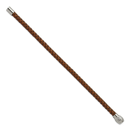 Chisel Stainless Steel Polished Brown Woven Leather 8.5 inch Bracelet