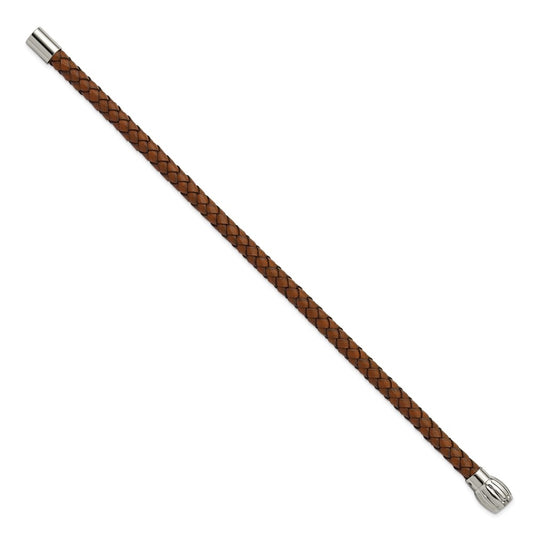 Chisel Stainless Steel Polished Brown Woven Leather 8.5 inch Bracelet