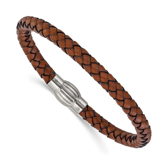 Chisel Stainless Steel Polished Brown Woven Leather 8.5 inch Bracelet
