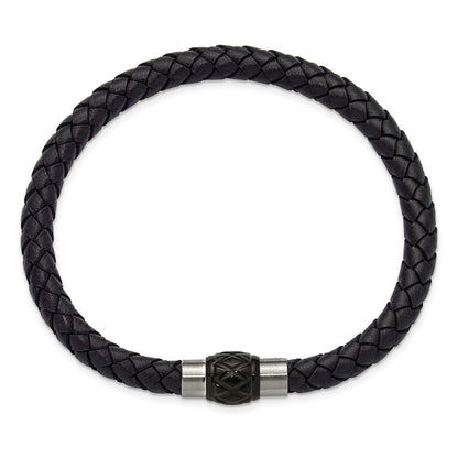Chisel Stainless Steel Brushed and Polished Black Woven Leather 8.5 inch Bracelet