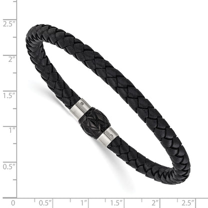 Chisel Stainless Steel Brushed and Polished Black Woven Leather 8.5 inch Bracelet