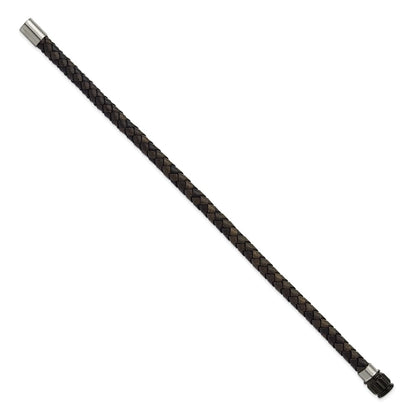Chisel Stainless Steel Brushed and Polished Black Woven Leather 8.5 inch Bracelet