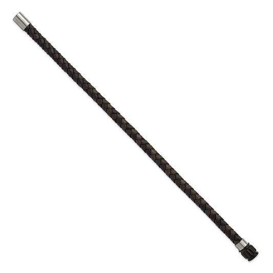 Chisel Stainless Steel Brushed and Polished Black Woven Leather 8.5 inch Bracelet