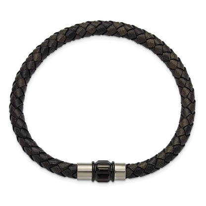 Chisel Stainless Steel Brushed and Polished Black Woven Leather 8.5 inch Bracelet