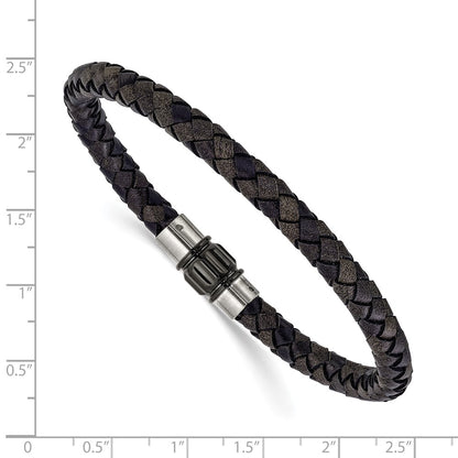 Chisel Stainless Steel Brushed and Polished Black Woven Leather 8.5 inch Bracelet