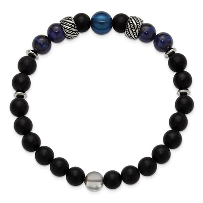 Chisel Stainless Steel Antiqued Blue IP-plated 8mm Tiger's Eye and Black Onyx Beaded 7.5 inch Stretch Bracelet