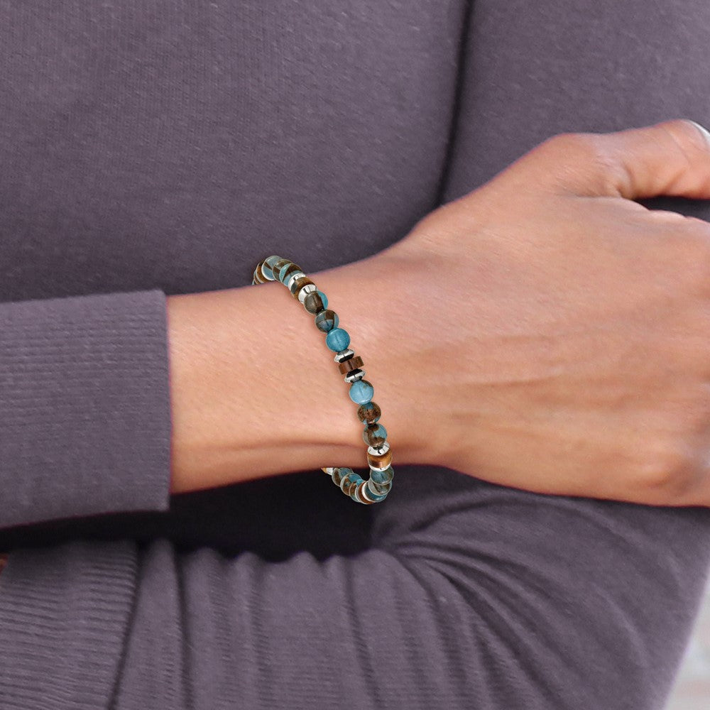 Chisel Stainless Steel Polished 6.60mm Blue Golden and Brown Tiger's Eye Beaded 7.75 inch Stretch Bracelet