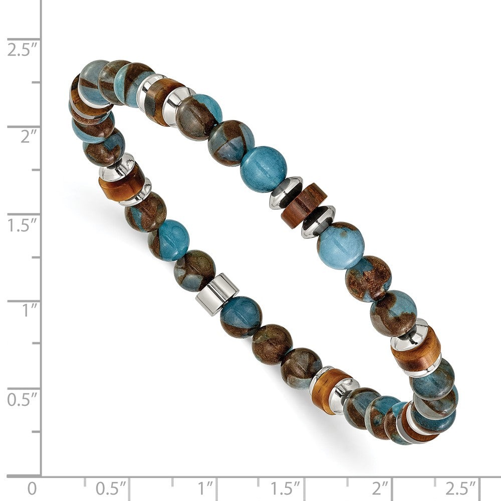 Chisel Stainless Steel Polished 6.60mm Blue Golden and Brown Tiger's Eye Beaded 7.75 inch Stretch Bracelet