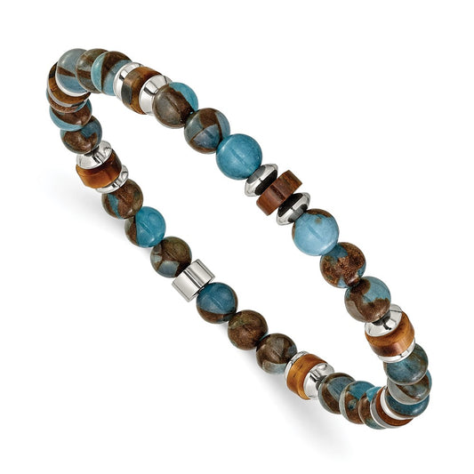 Chisel Stainless Steel Polished 6.60mm Blue Golden and Brown Tiger's Eye Beaded 7.75 inch Stretch Bracelet