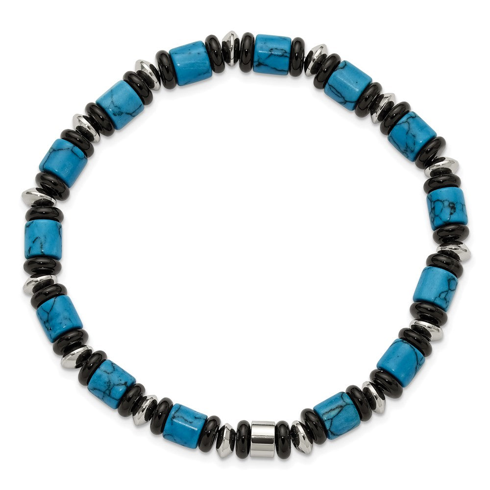 Chisel Stainless Steel Polished 6.50mm Turquoise and Black Onyx Beaded 7.5 inch Stretch Bracelet