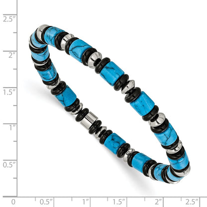 Chisel Stainless Steel Polished 6.50mm Turquoise and Black Onyx Beaded 7.5 inch Stretch Bracelet