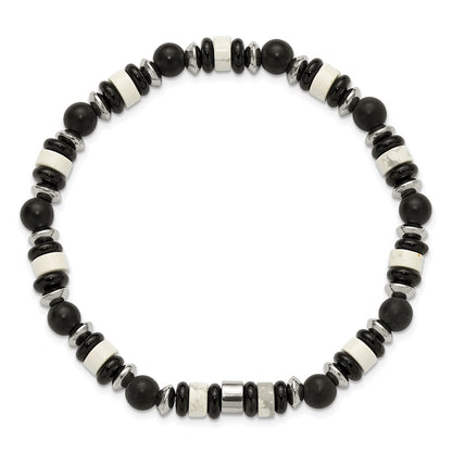 Chisel Stainless Steel Polished 6.50mm White Howlite and Black Onyx Beaded 7.5 inch Stretch Bracelet