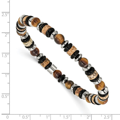 Chisel Stainless Steel Polished 6.50mm Tiger's Eye, Picture Jasper and Black Onyx Beaded 7.5 inch Stretch Bracelet